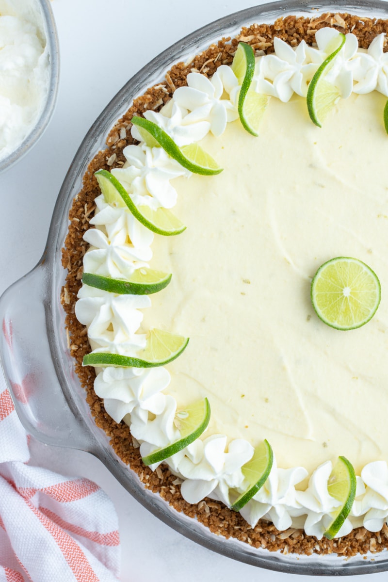 overhead shot looking at half of a margarita key lime pie