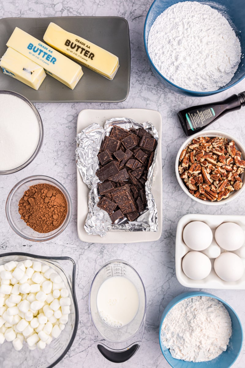 ingredients displayed for making mississippi mud brownies