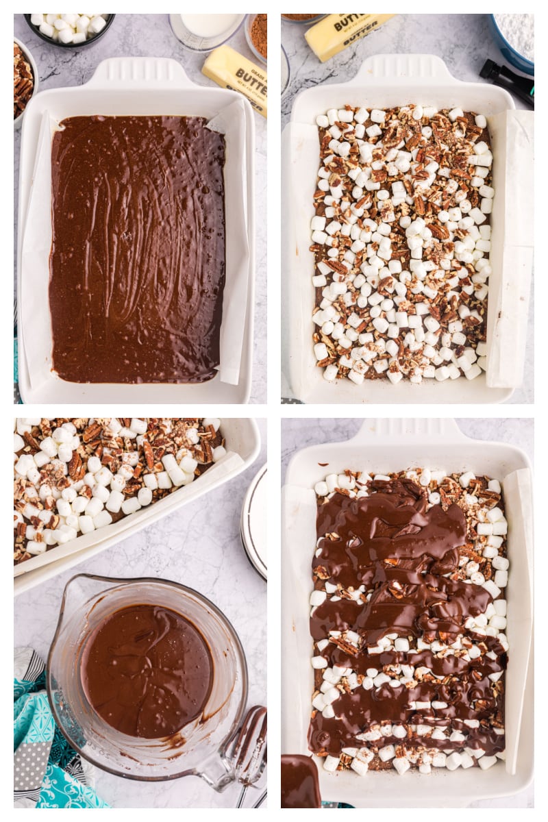 four photos showing assembly of making mississippi mud brownies