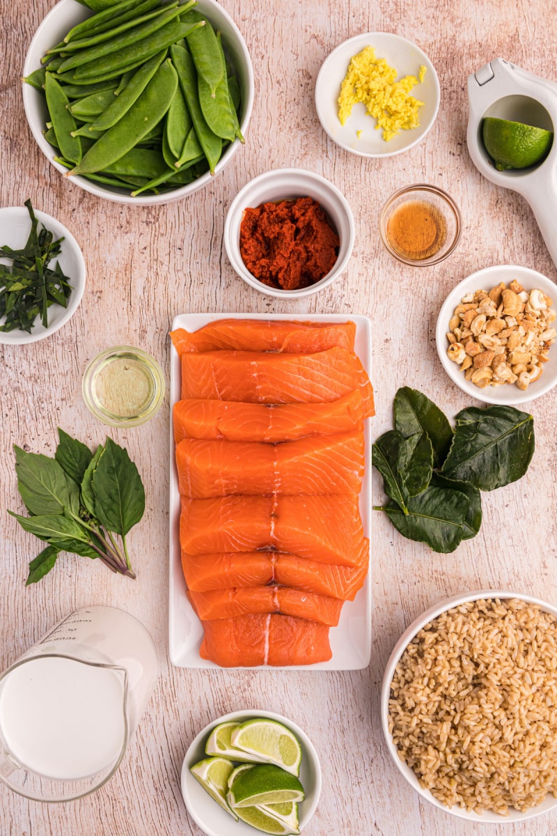 ingredients displayed for making thai coconut red curry salmon
