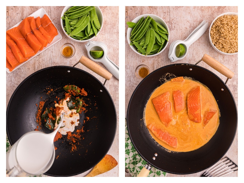 two photos showing making thai coconut red curry salmon