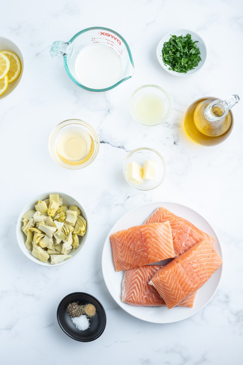 ingredients displayed for making air fryer salmon with chardonnay butter sauce