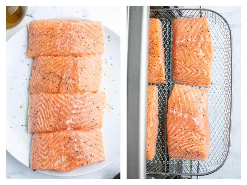 two photos showing raw salmon fillets and then fillets on air fryer rack