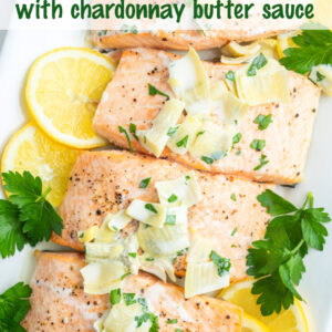 pinterest image for air fryer salmon with chardonnay butter sauce