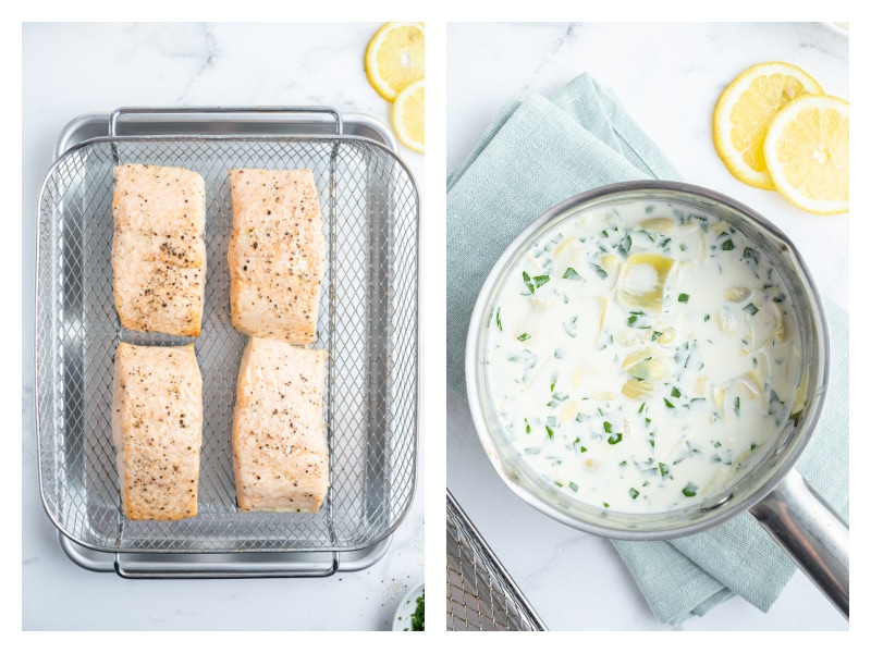 two photos showing air fried salmon and then bowl of sauce