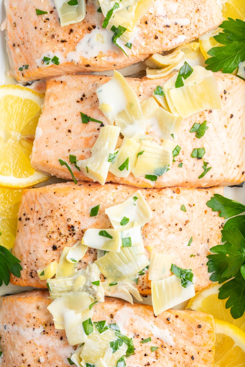 salmon topped with artichoke sauce