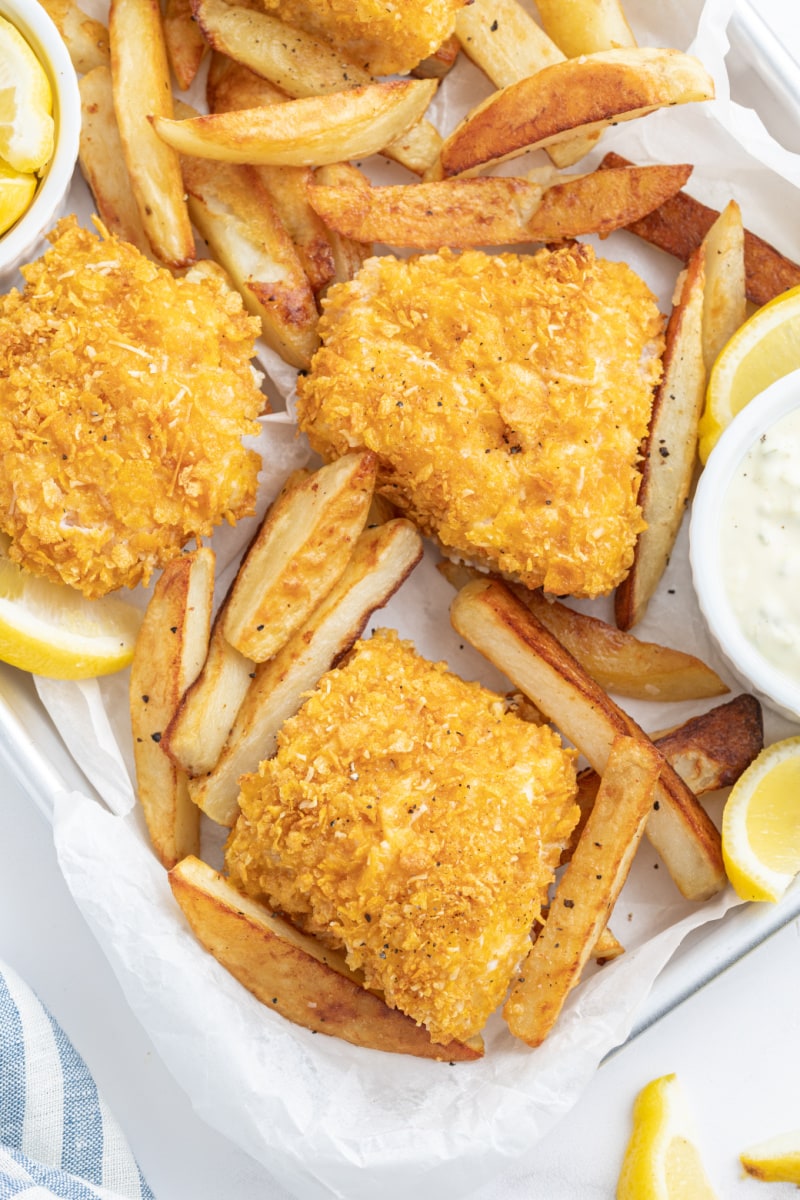 baked fish and chips in a pan