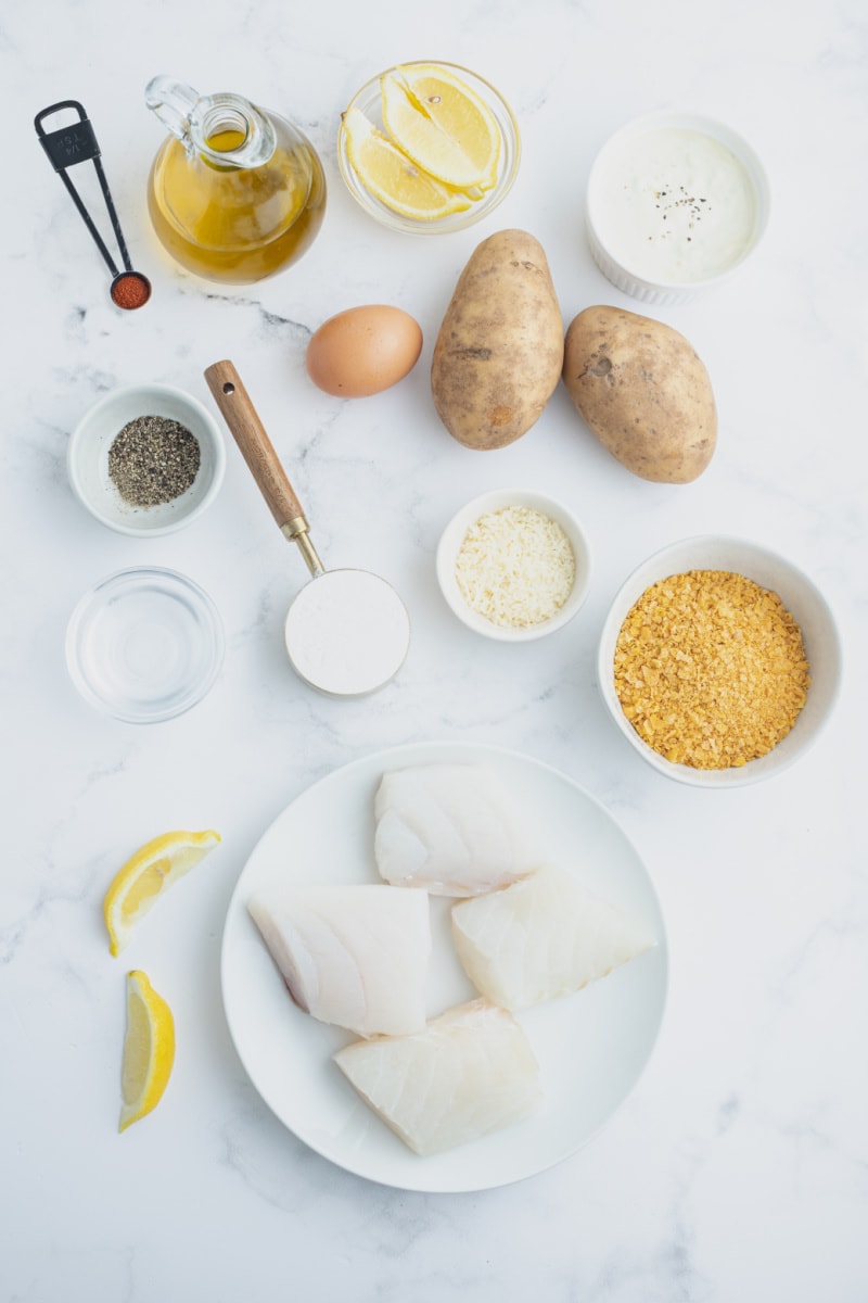 ingredients displayed for making baked fish and chips