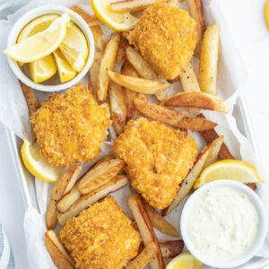 pinterest image for baked fish and chips