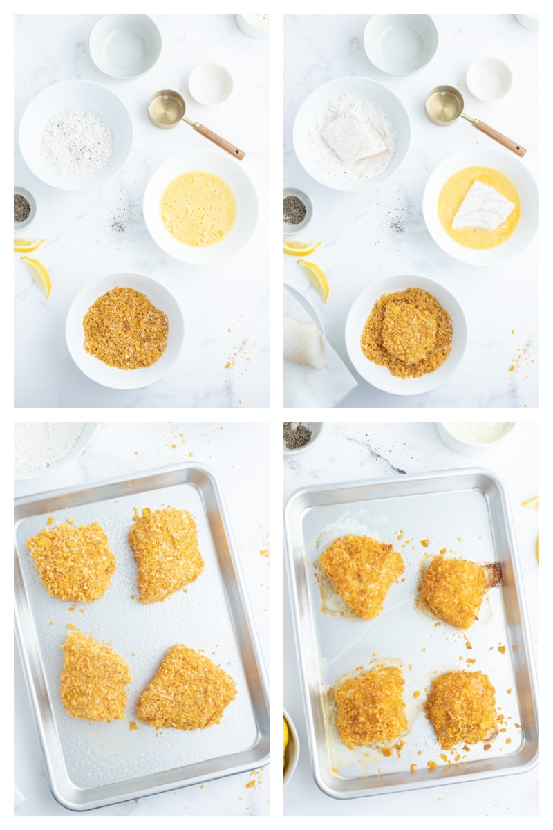 four photos showing how to make baked fish