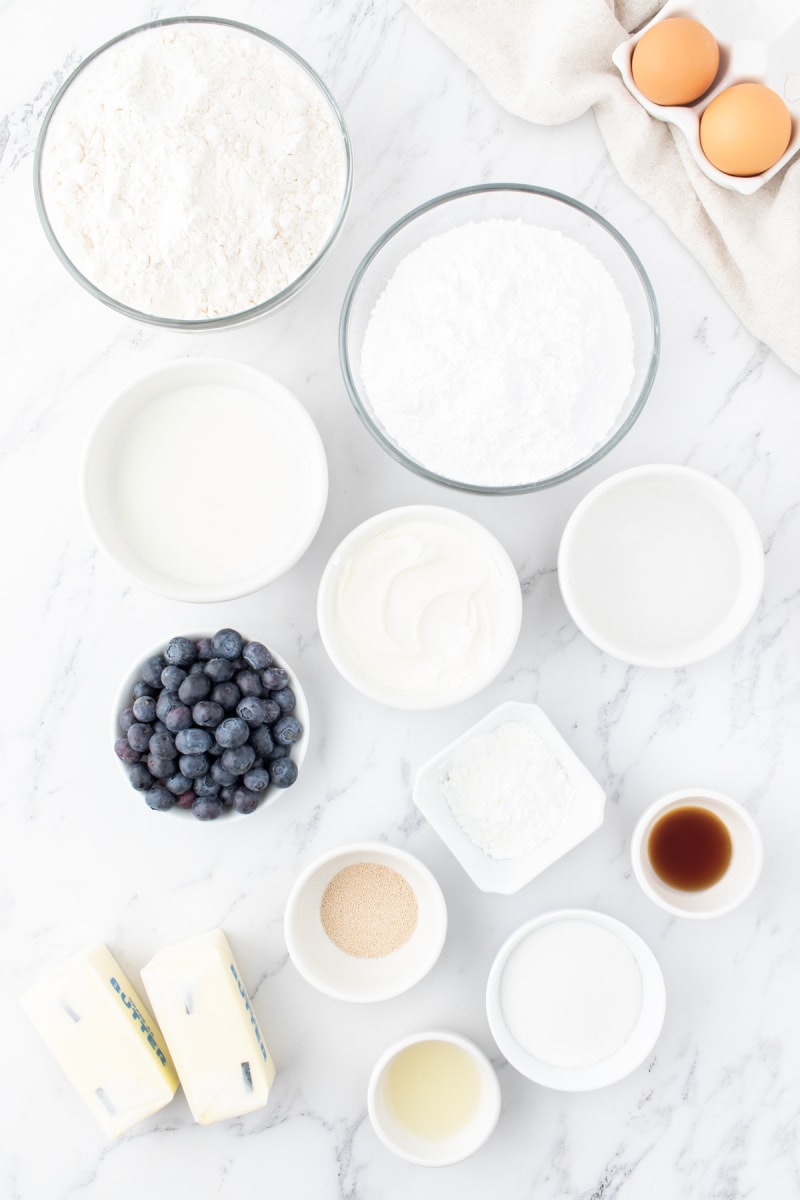 ingredients displayed for making blueberry sweet rolls