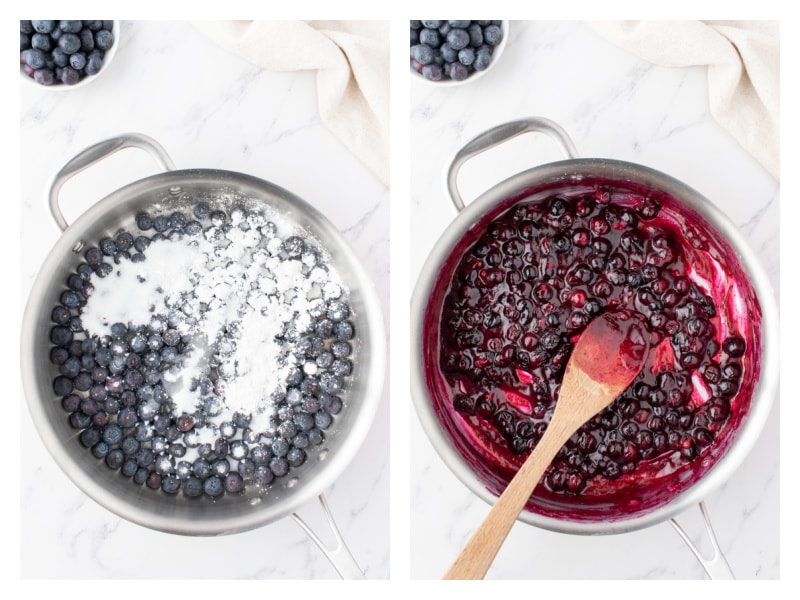 two photos showing how to make blueberry filling for sweet rolls