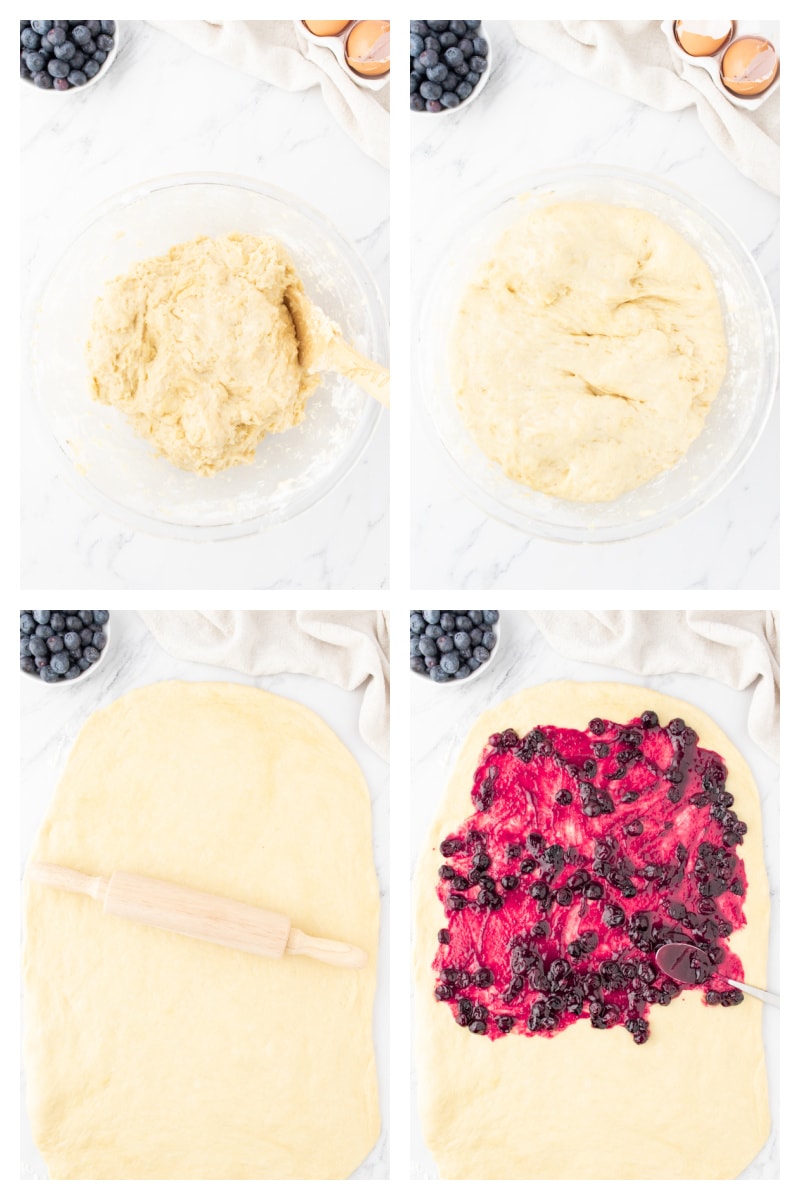 four photos showing how to make blueberry sweet rolls
