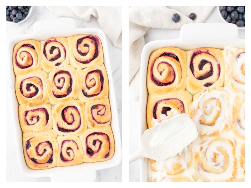 two photos showing blueberry sweet rolls in pan out of oven and then spreading frosting on top