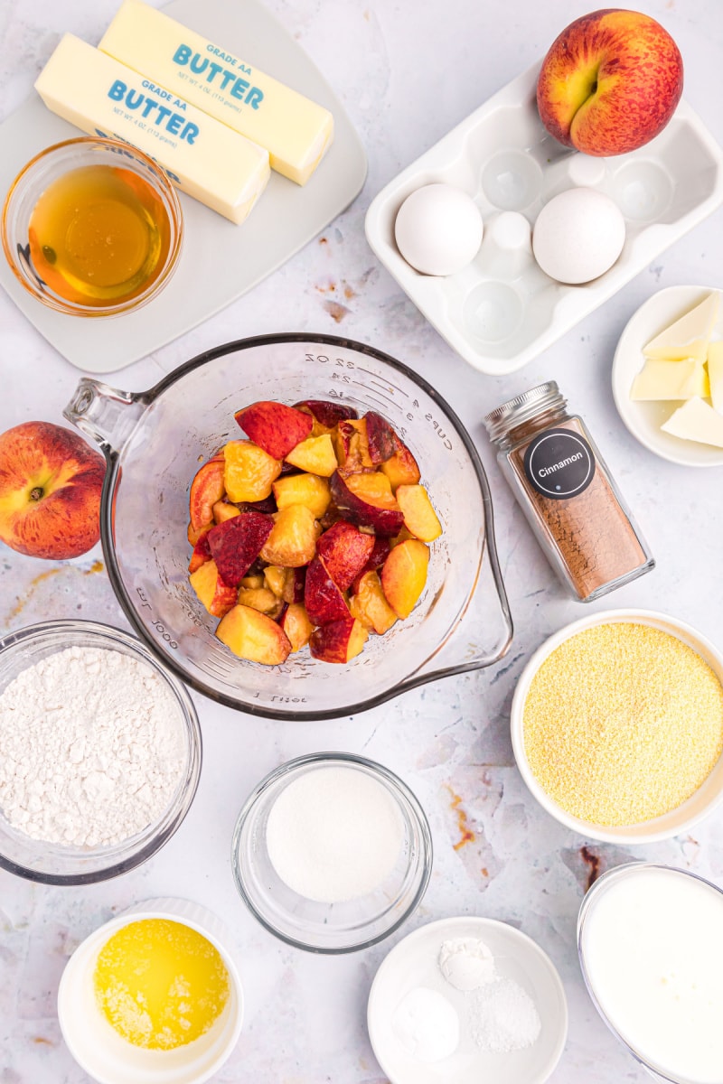 ingredients displayed for making cast iron peach cornbread