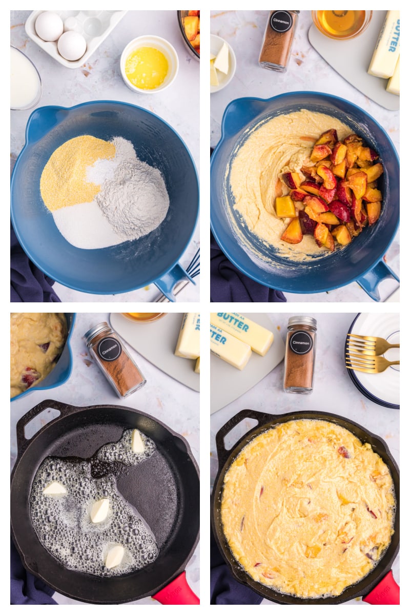 four photos sharing how to make cast iron peach cornbread