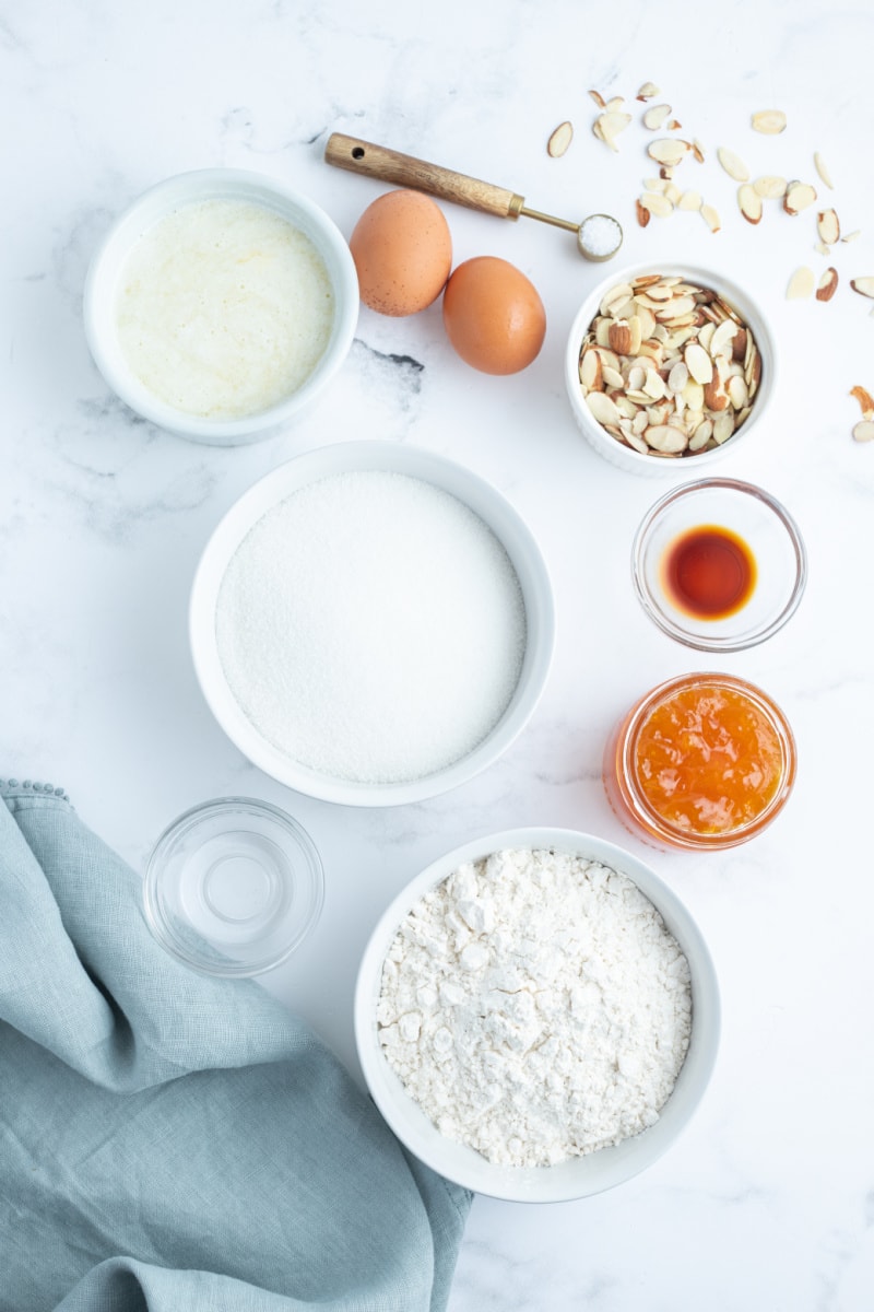 ingredients displayed for making french almond cake