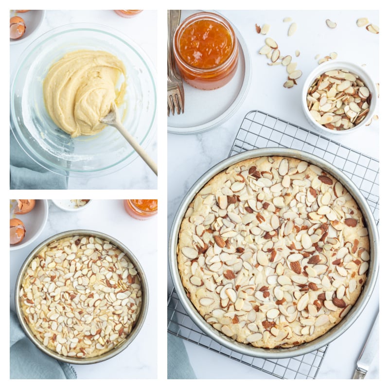 three photos showing how to make french almond cake