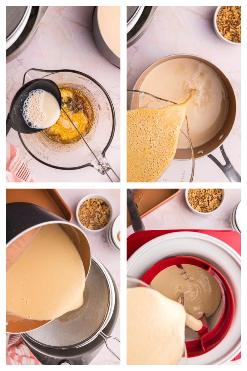 four photos showing how to make maple nut ice cream