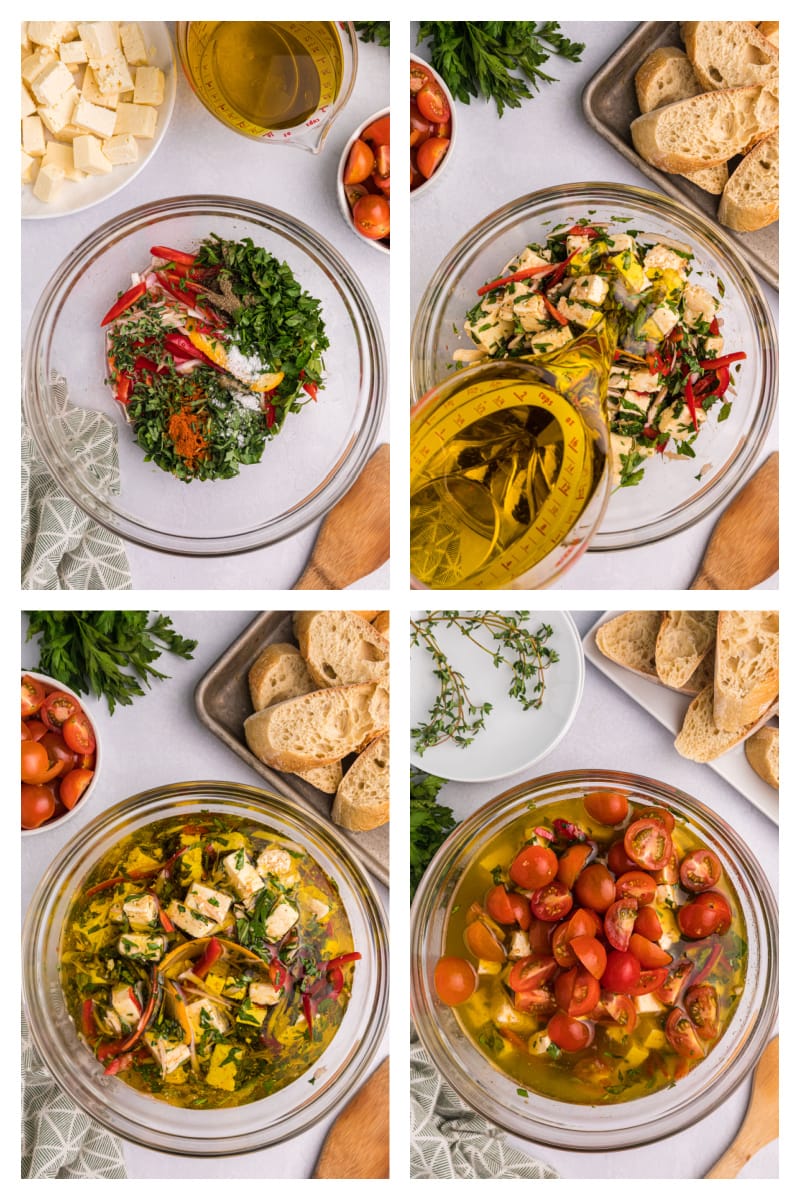 four photos sharing how to make marinated feta with cherry tomatoes