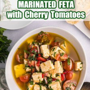 pinterest image for marinated feta with cherry tomatoes