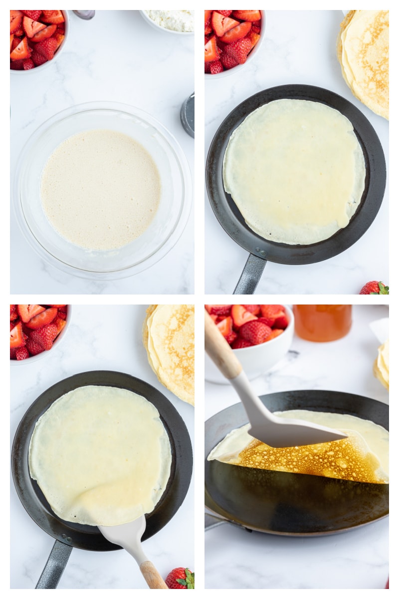 four photos showing how to make crepes