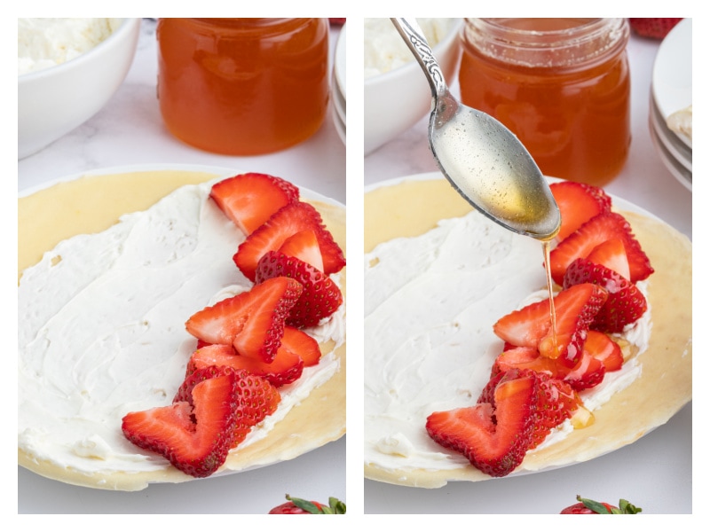 two photos showing how to assemble strawberry cream cheese crepes