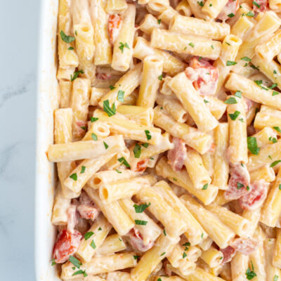 3 cheese baked ziti in a casserole dish