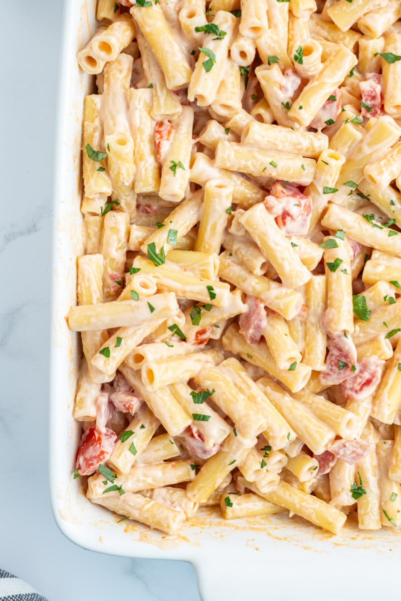 3 cheese baked ziti in a casserole dish