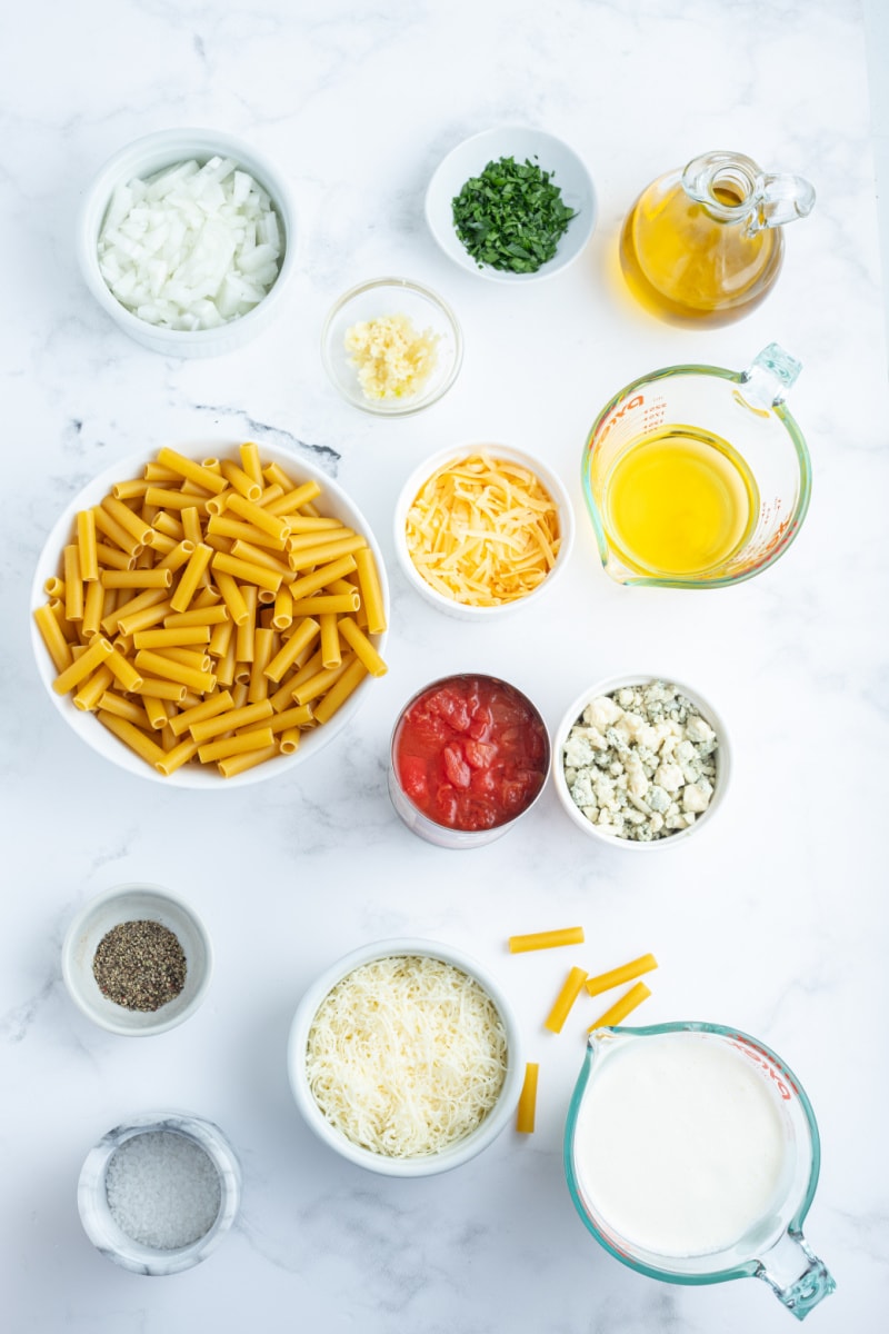 ingredients displayed for making 3 cheese baked ziti