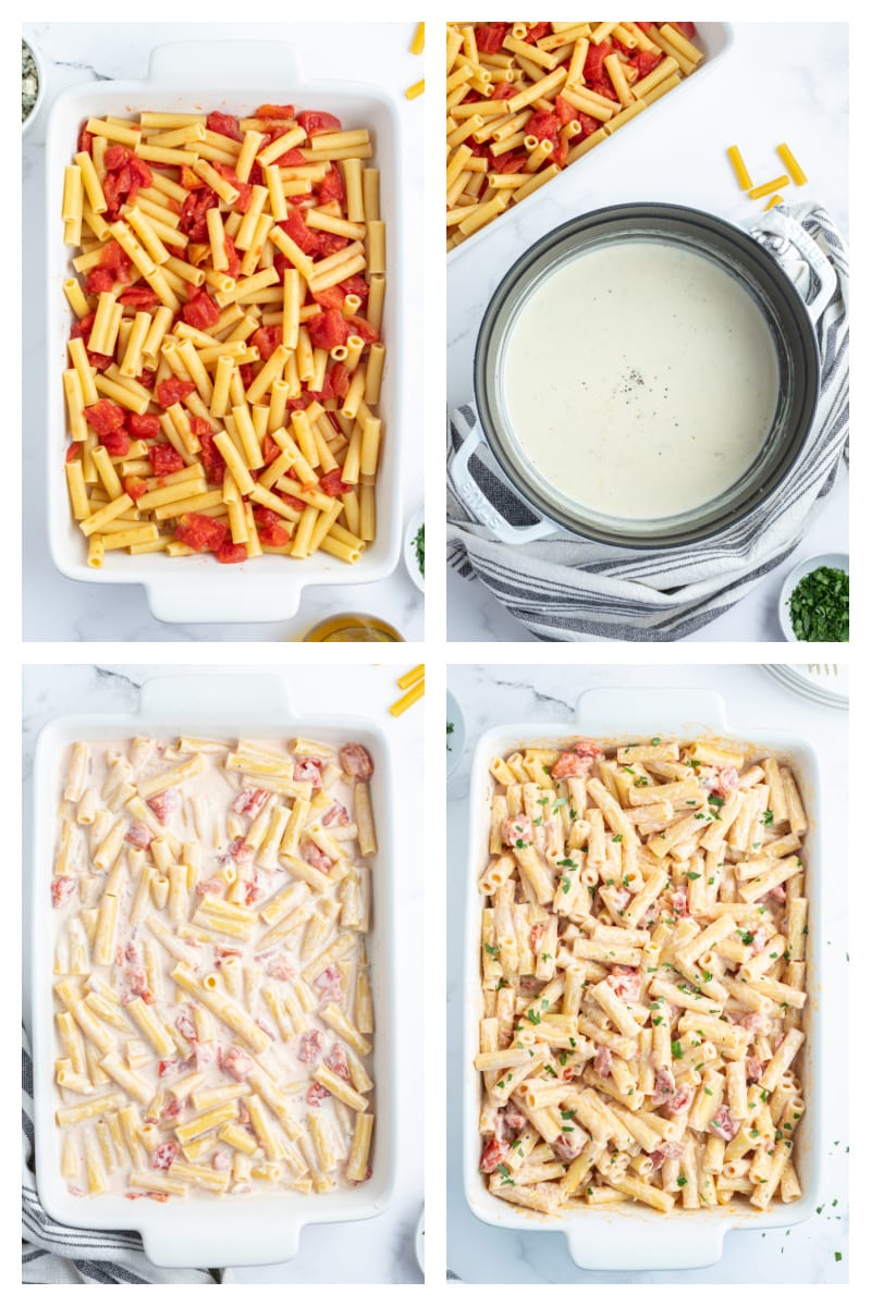 four photos showing how to make 3 cheese baked ziti
