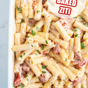 pinterest image for 3 cheese baked ziti