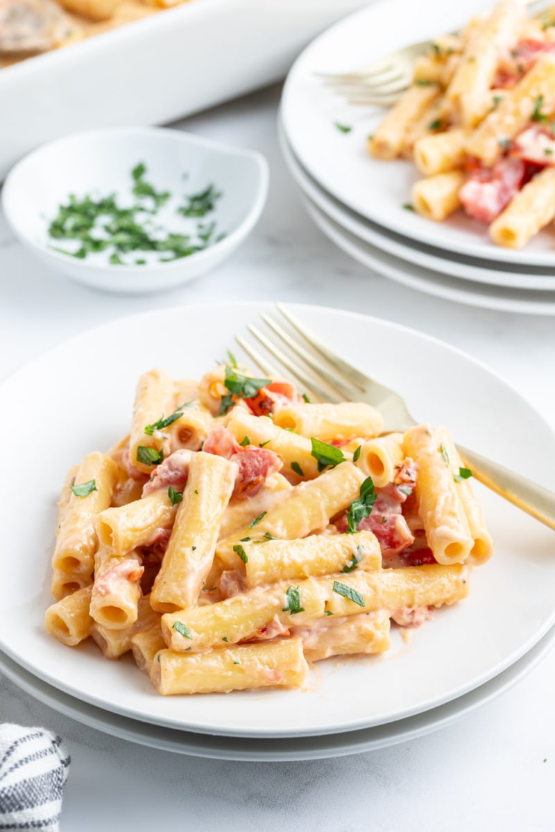 serving of 3 cheese baked ziti on a plate