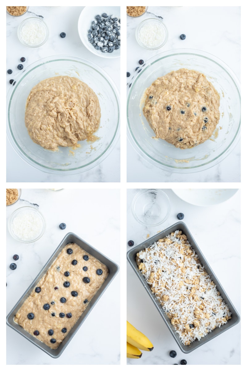 four photos showing how to make blueberry coconut banana bread