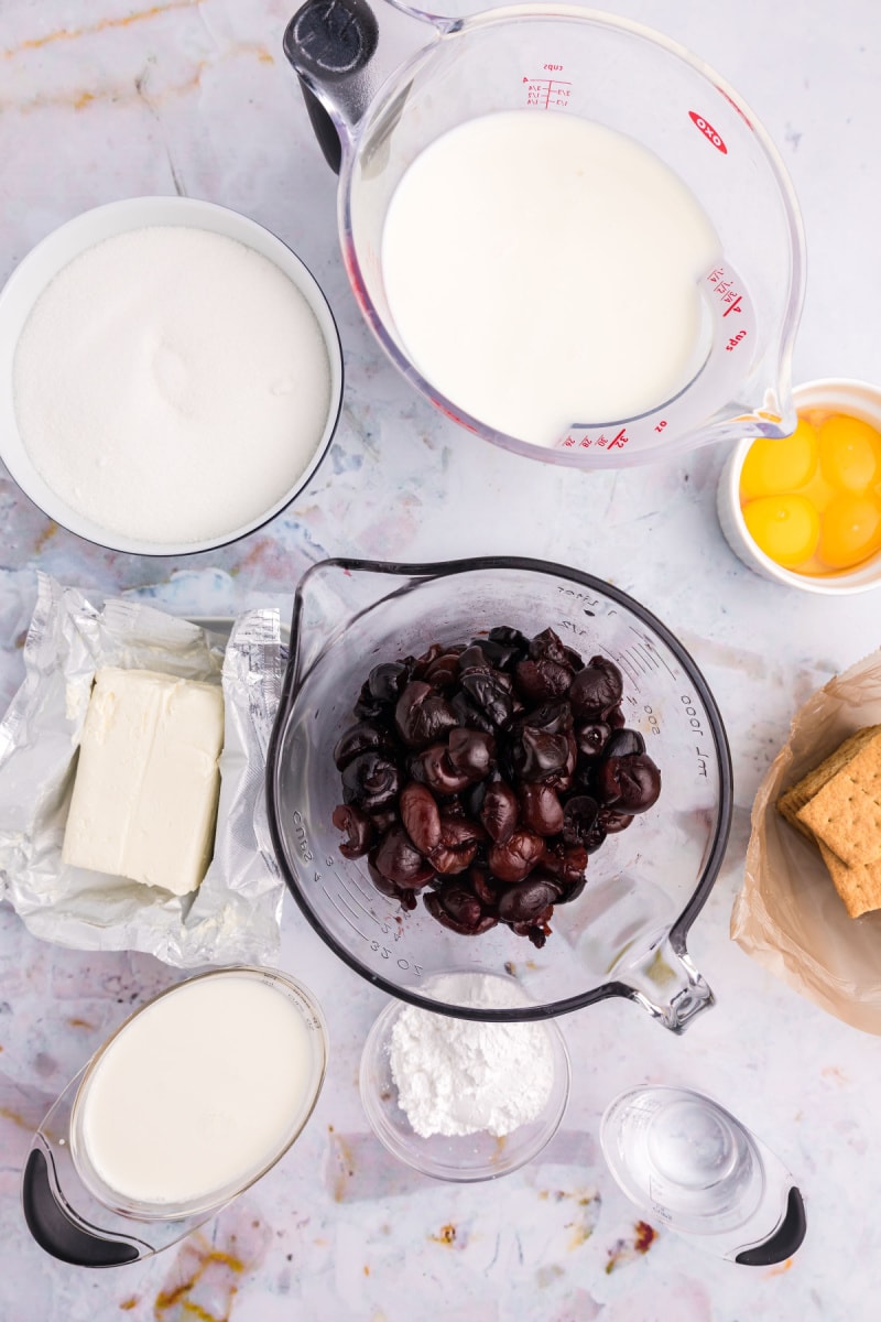 ingredients displayed for making cherry cheesecake ice cream