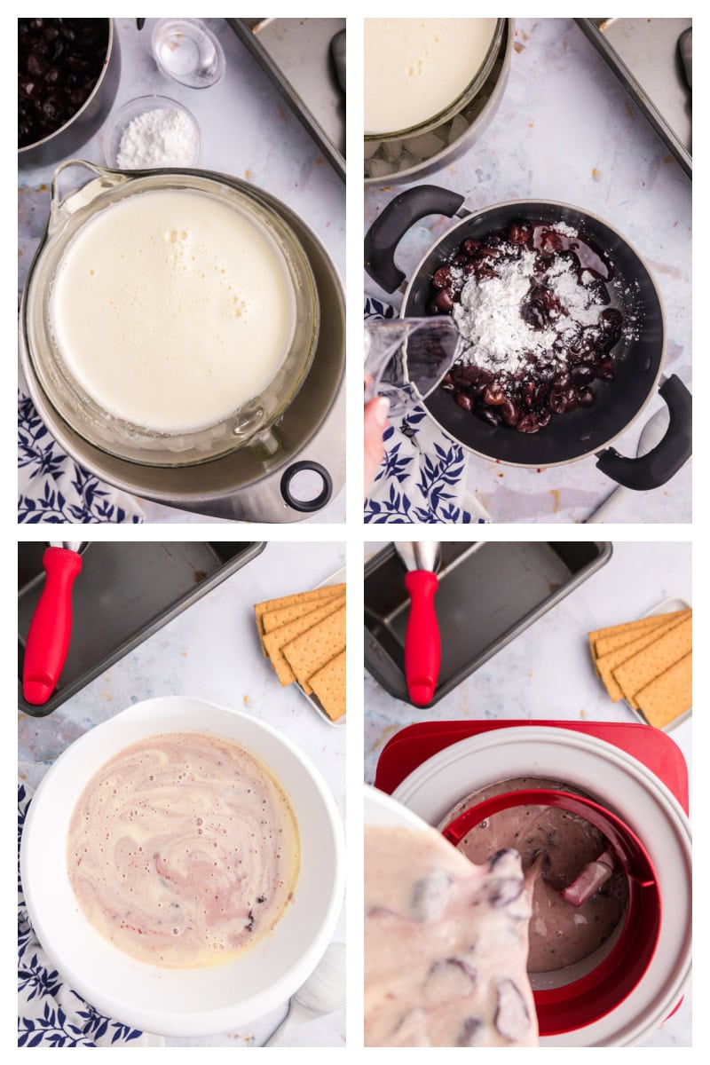 four photos showing how to make cherry cheesecake ice cream