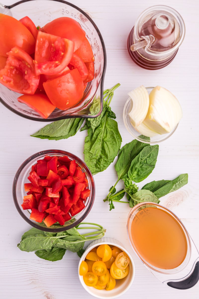 ingredients displayed for making chilled tomato soup