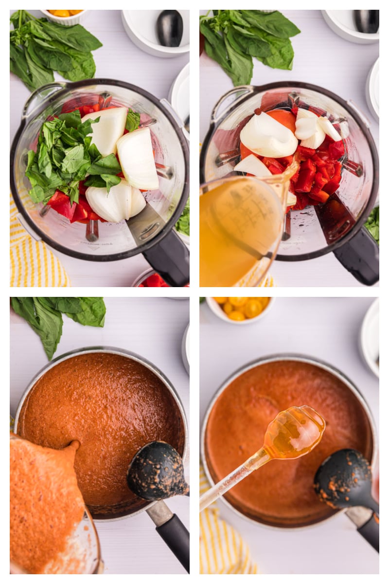 four photos showing how to make chilled tomato soup