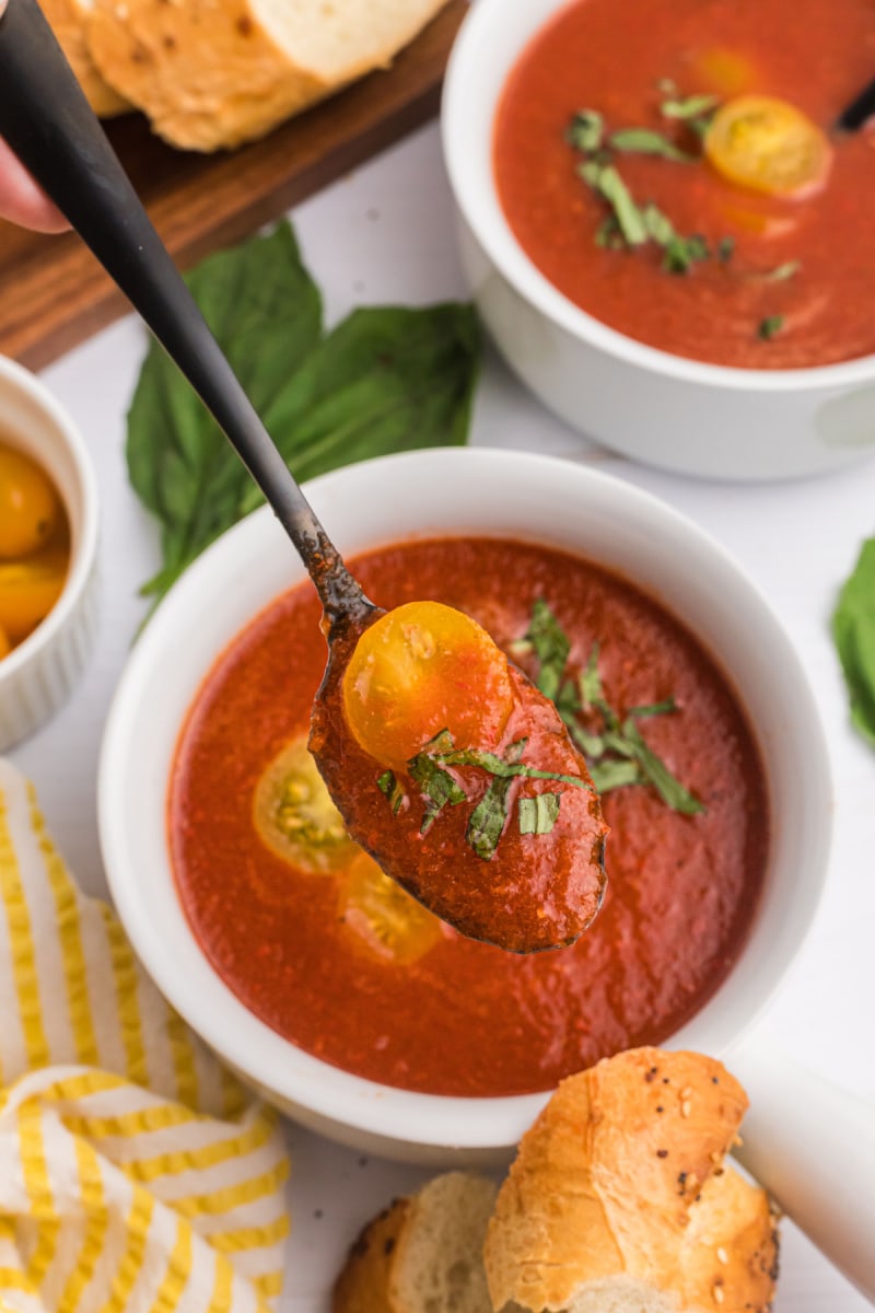 spoonful of chilled tomato soup over bowl