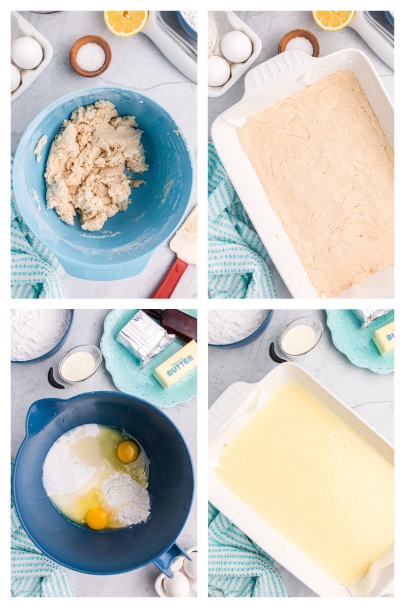 four photos showing how to make frosted lemon bars