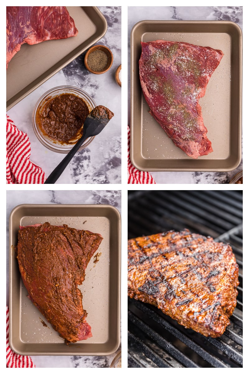 four photos sharing how to make grilled chili garlic tri tip