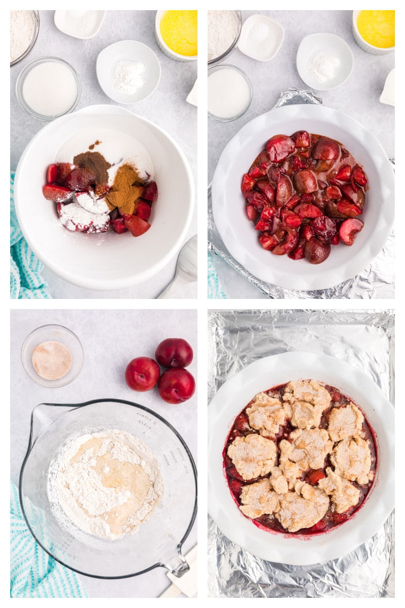 four photos showing how to make plum cobbler