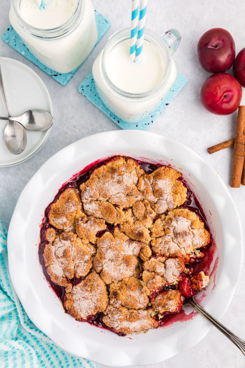 plum cobbler in baking dish