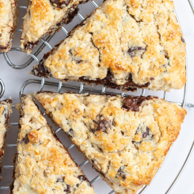 chocolate chip scones on a cooling rack