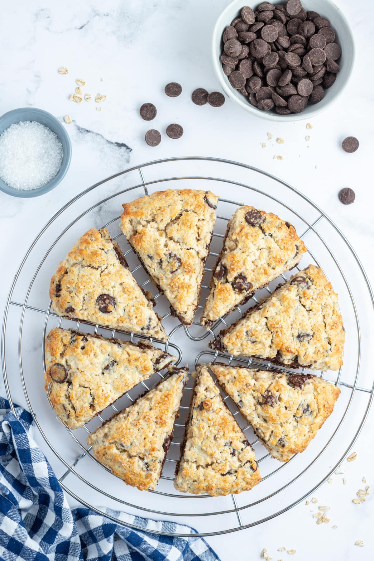 chocolate chip scones on a cooling rack