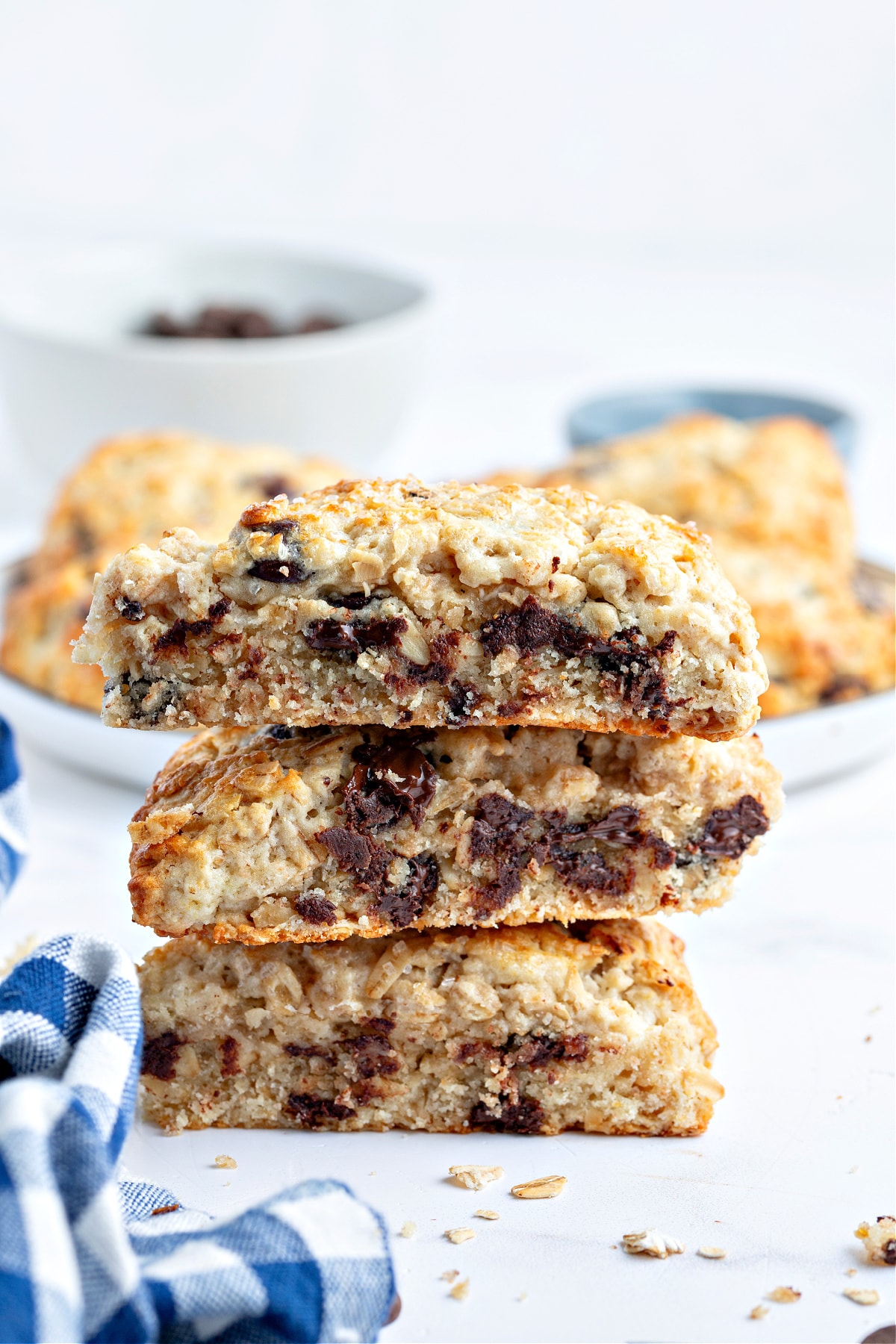 three chocolate chip scones stacked