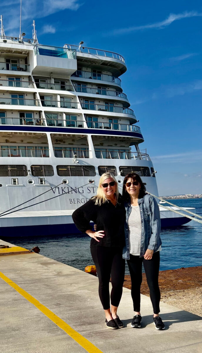 recipegirl and sister in front of viking ship