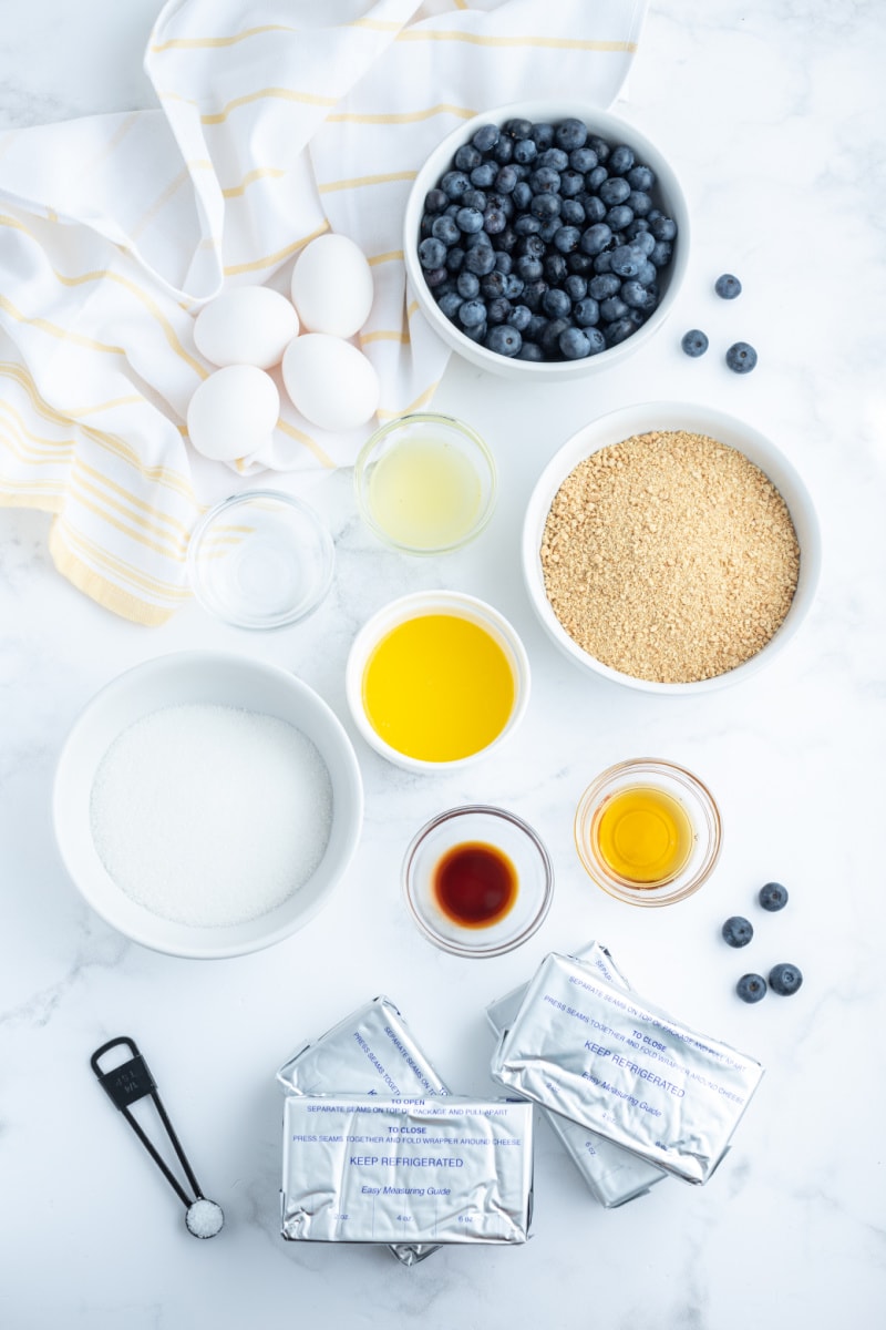 ingredients displayed for making blueberry lemon cheesecake