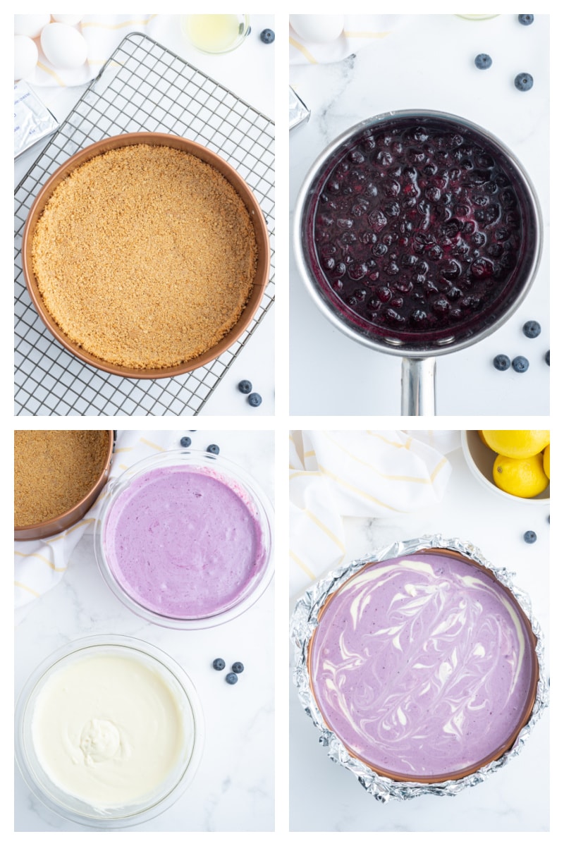 four photos showing how to make blueberry lemon cheesecake