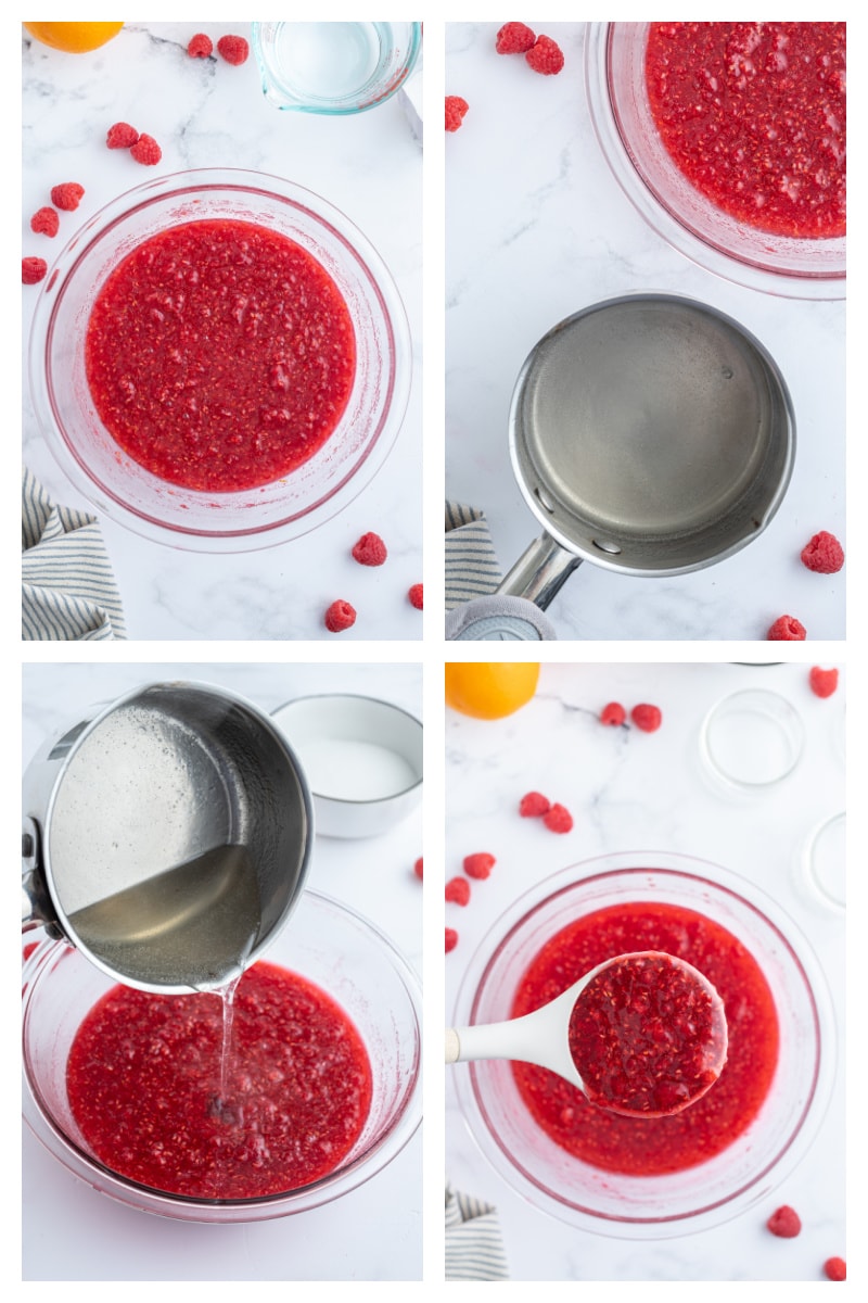 four photos showing how to make raspberry orange freezer jam
